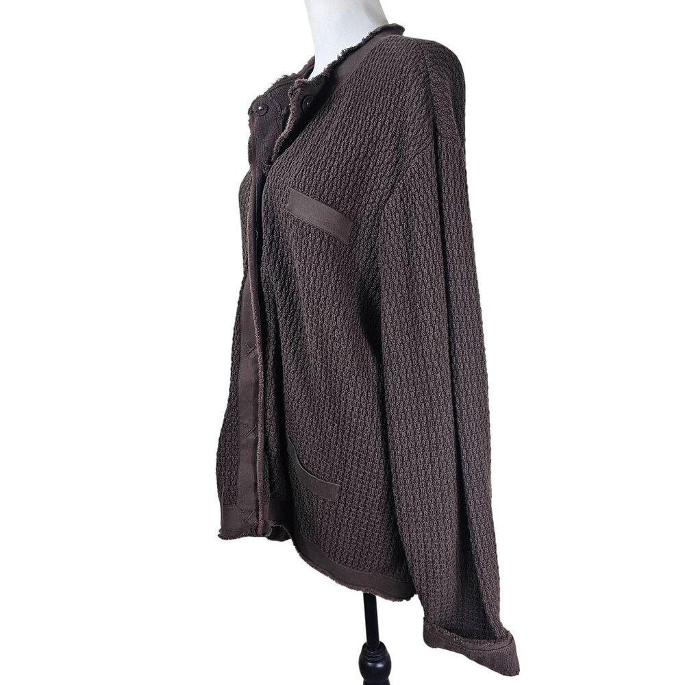 Vintage Talbots Waffle Knit Cardigan Jacket 3X Brown Casual Boho Raw Hem Relaxed - Picture 2 of 9